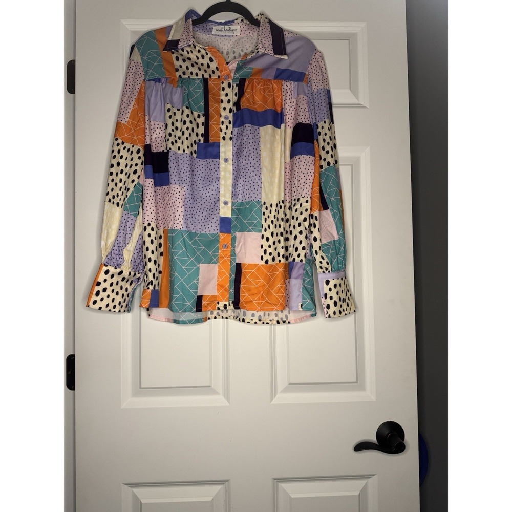 Mod Boutique Abstract Patchwork Button Up Blouse … - image 1